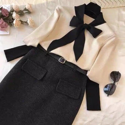 Ensemble de pull chic avec nœud papillon et jupe crayon Chic und Stil