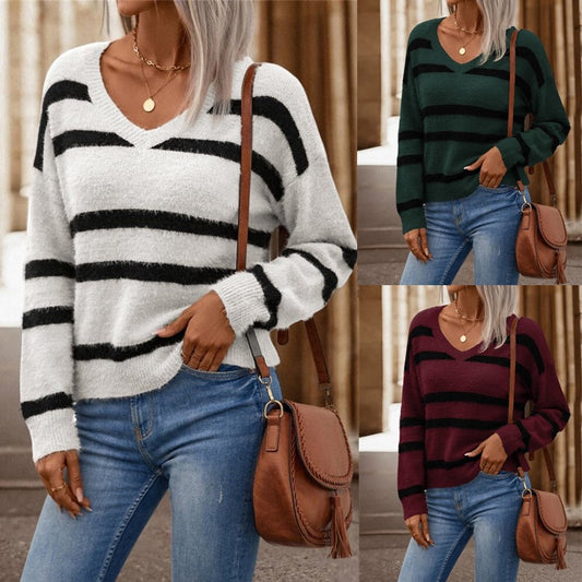 Pull femme avec décolleté en V, rayures larges et matière douce Chic und Stil