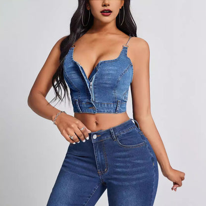 Top en denim cropped pour femme avec décolleté en V et détails de boutons Chic und Stil