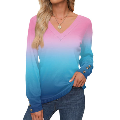 Chemise à manches longues pour femmes à col en V avec dégradé de couleurs tendance et élégants détails en bouton Chic und Stil