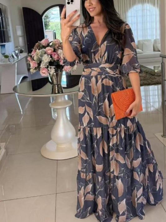 Robe maxi pour femmes avec décolleté en V décontracté, ceinture à la taille et manches volumineuses Chic und Stil