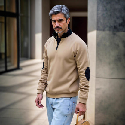 Pull en sweat-mode pour hommes avec fermeture éclair fonctionnelle et patchs contrastants aux coudes Chic und Stil