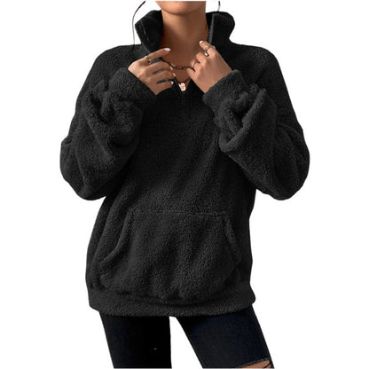 Dames Pull et Teddy Doux avec demi-zip et poche kangourou Chic und Stil