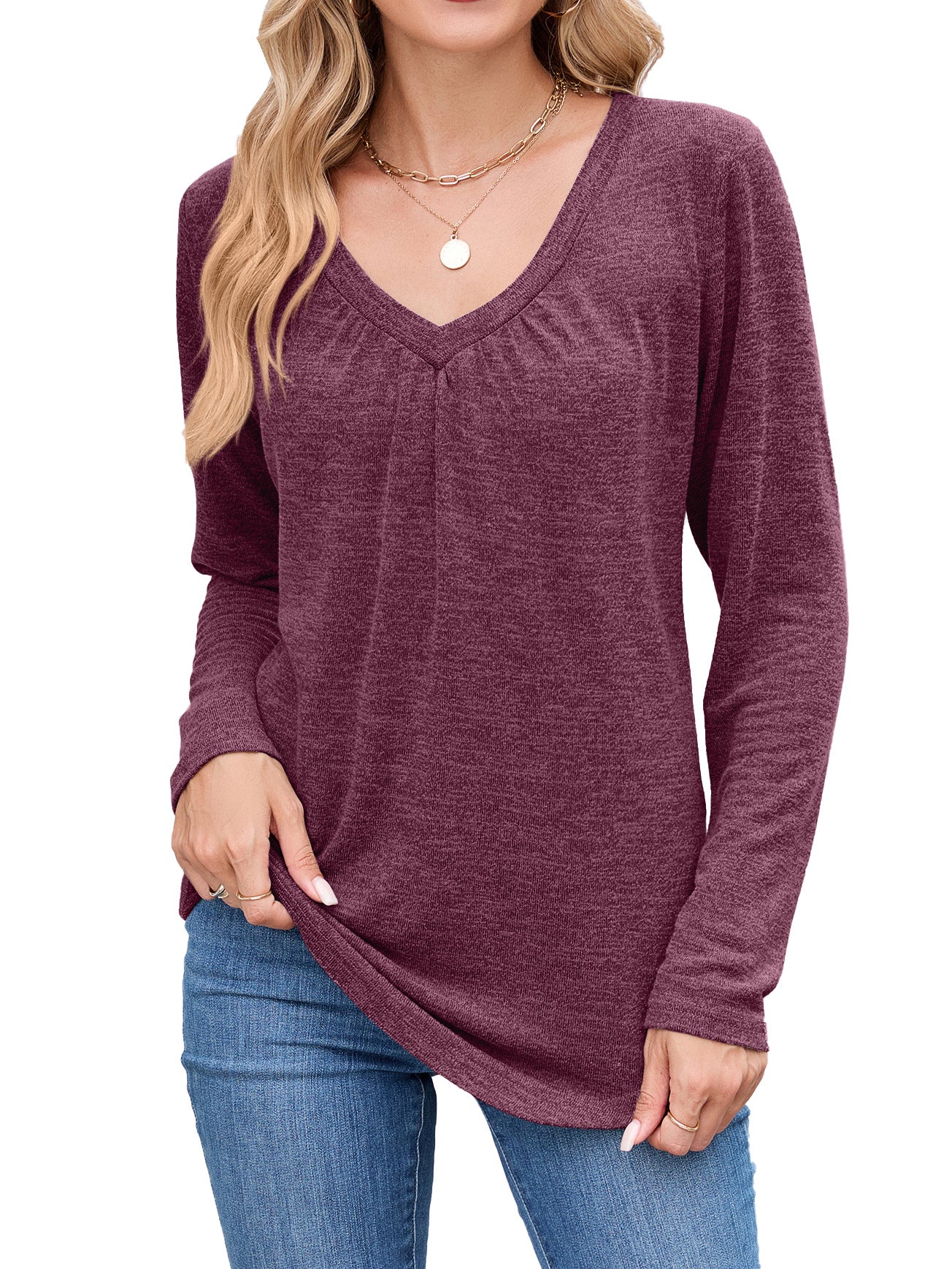 Chemise à manches longues pour femmes avec un décolleté en V raffiné et des plis Chic und Stil