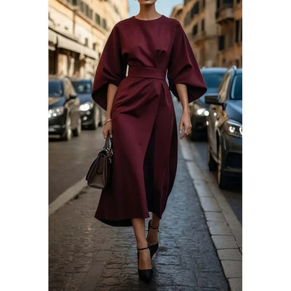 Dames Élégante Robe Maxi avec Manches Amples et Ceinture Cintrée Chic und Stil