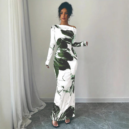Dames Élégant Robe Maxi avec décolleté asymétrique et design floral Chic und Stil