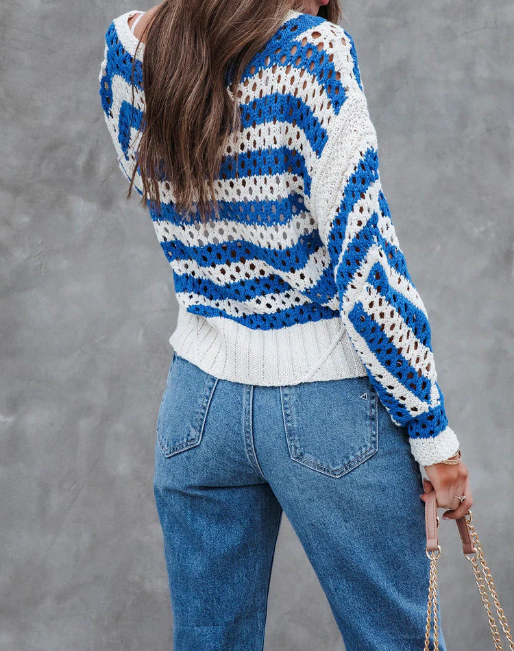 Pull en tricot aéré pour femmes avec un grand motif en losanges et un design rayé Chic und Stil