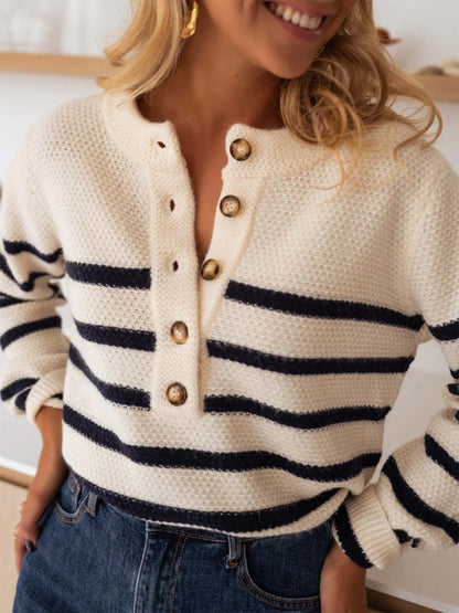 Dames pull en tricot rayé de haute qualité avec détail de bouton et coupe décontractée Chic und Stil