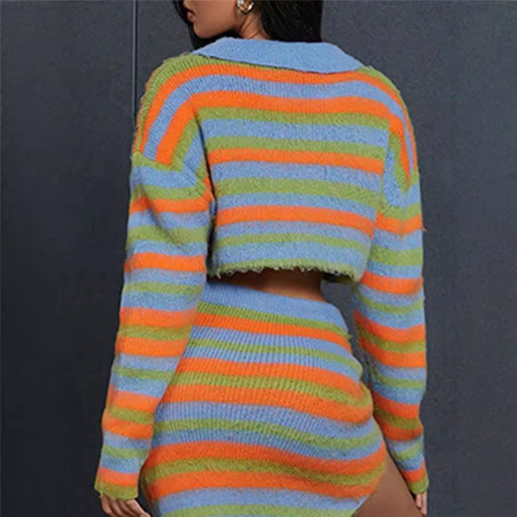 Dames cropped tricot pull avec fermeture éclair et motif rayé coloré Chic und Stil