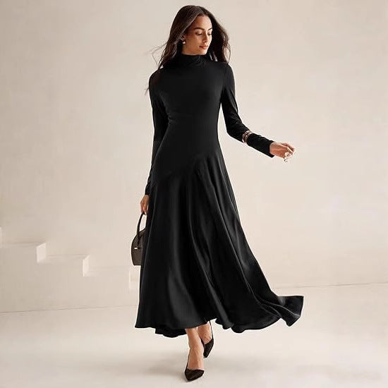Dames Élégante Robe Maxi à Manches Longues avec Col Haut et Jupe Fluide Chic und Stil
