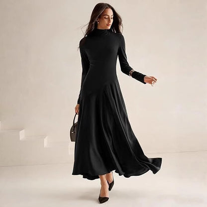 Dames Élégante Robe Maxi à Manches Longues avec Col Haut et Jupe Fluide Chic und Stil
