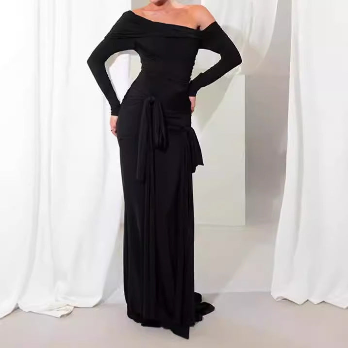 Dames élégant maxi robe avec détails volants et décolleté off-épaule Chic und Stil