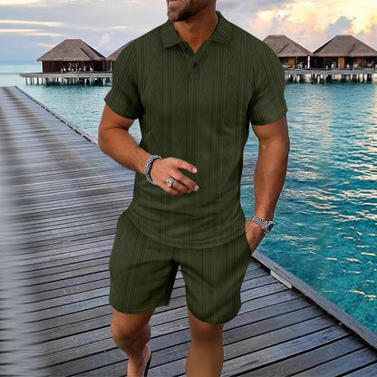 Hommes Ensemble Polo en Tricot Structuré et Shorts Chic und Stil