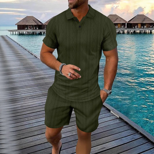 Hommes Ensemble Polo en Tricot Structuré et Shorts Chic und Stil
