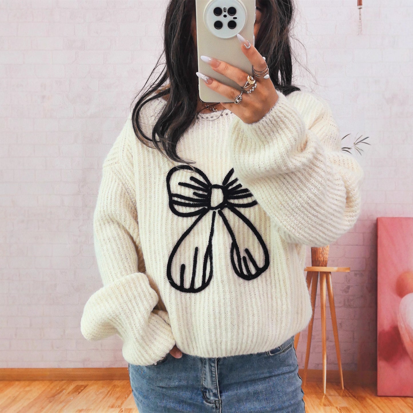 Pull en grosse maille pour femmes avec motif de nœud ludique Chic und Stil