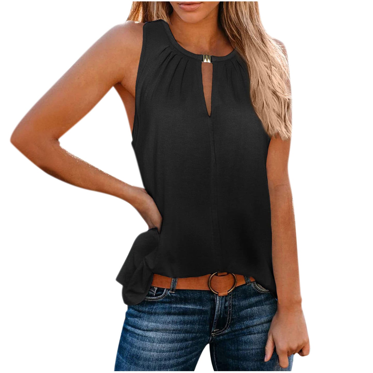 Robe élégante sans manches pour femmes avec décolleté décoratif et plis Chic und Stil