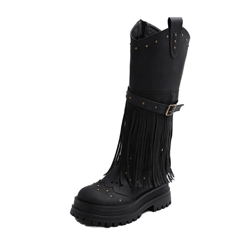 Bottes au-dessus du genou pour femmes avec un design frangé à la mode et un profil robuste Chic und Stil