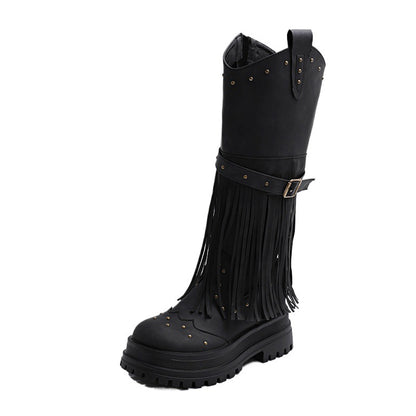 Bottes au-dessus du genou pour femmes avec un design frangé à la mode et un profil robuste Chic und Stil