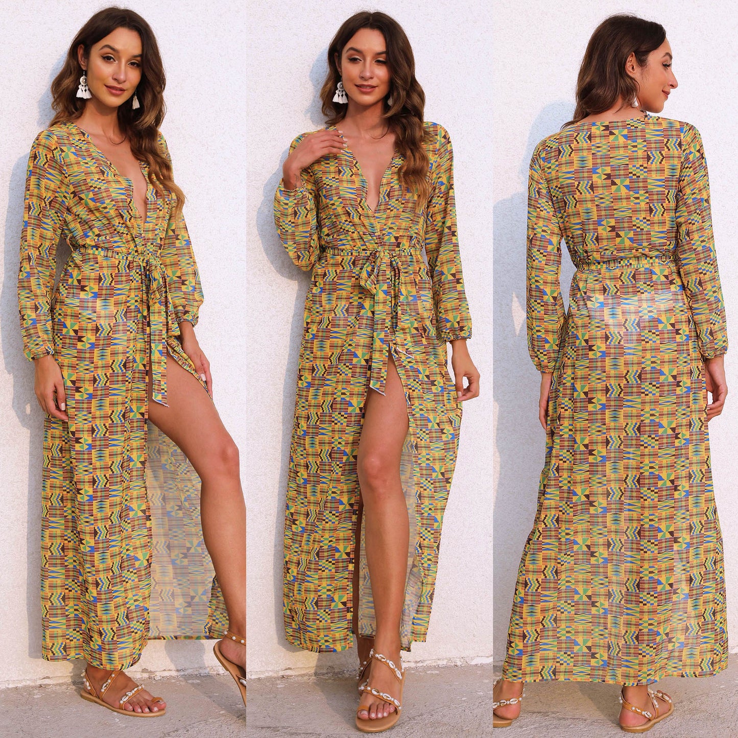 Femme Robe Maxi Enveloppe à Manches Longues Chic und Stil