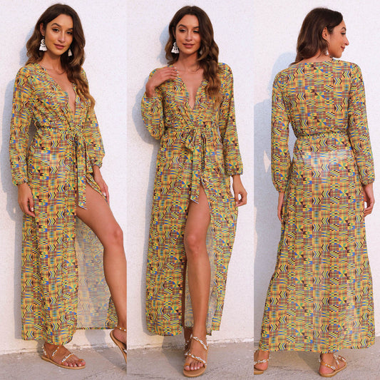 Femme Robe Maxi Enveloppe à Manches Longues Chic und Stil