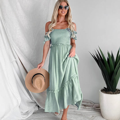 Robe maxi smockée à volants pour femmes Chic und Stil