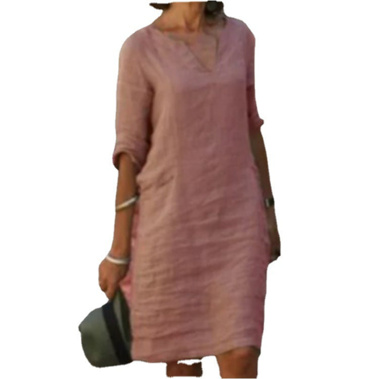 Robe en lin pour femmes avec coupe décontractée et élégant décolleté en V Chic und Stil
