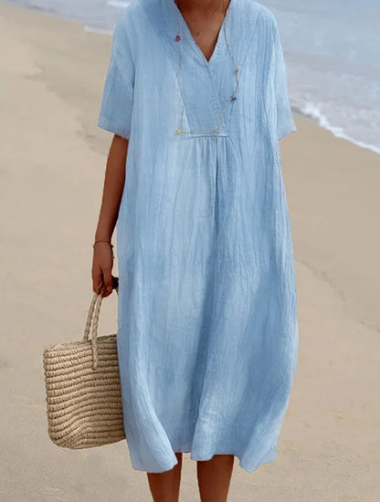 Robe midi décontractée pour femmes avec décolleté en V et manches courtes confortables Chic und Stil