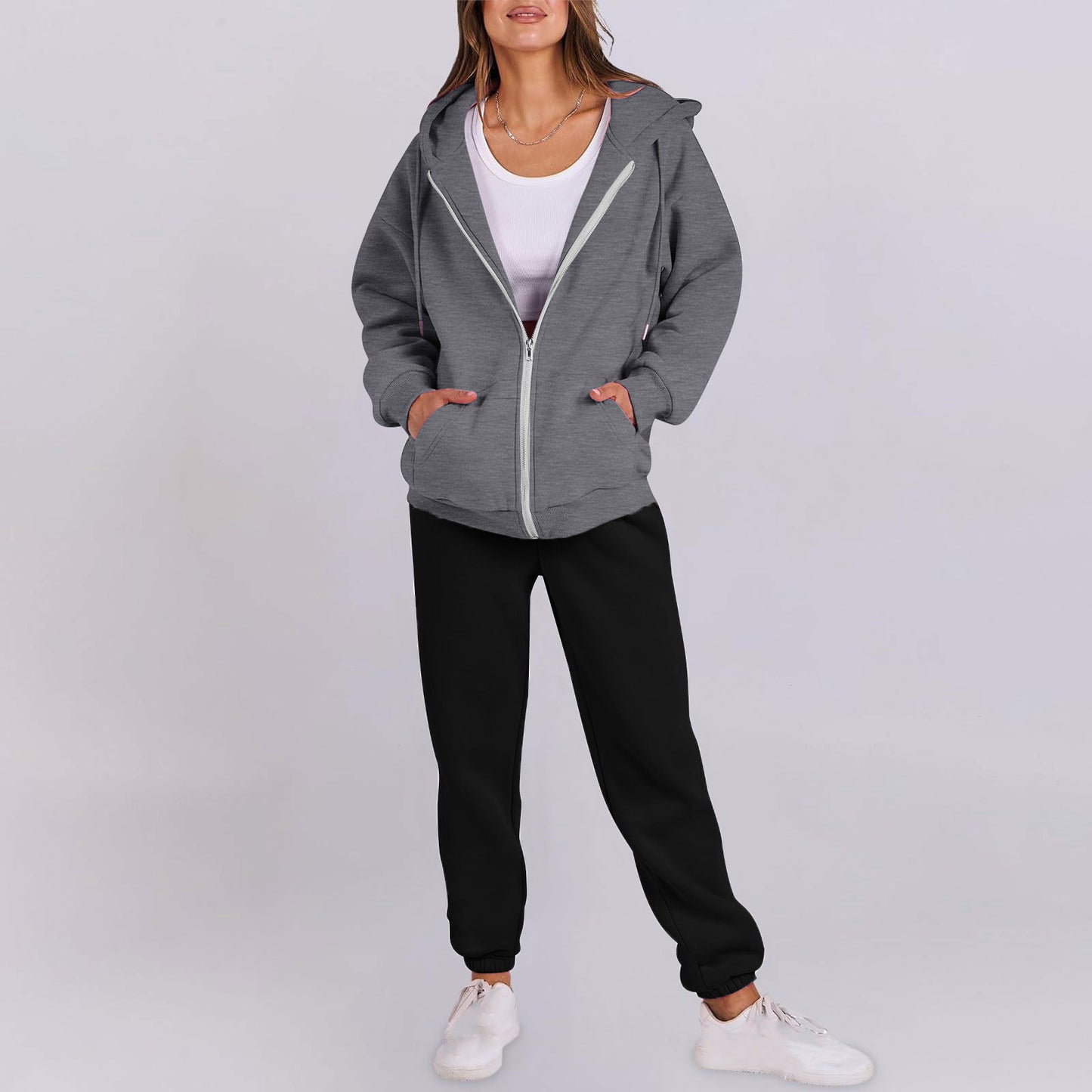 Women's casual zip-up hoodie with a comfortable fit and chic jogger pants