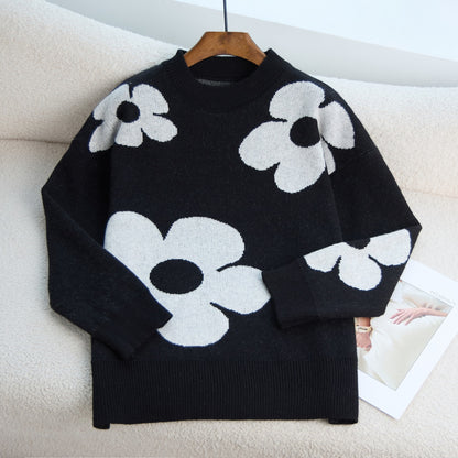 Pull en tricot décontracté pour femmes avec un grand motif floral et un col haut Chic und Stil