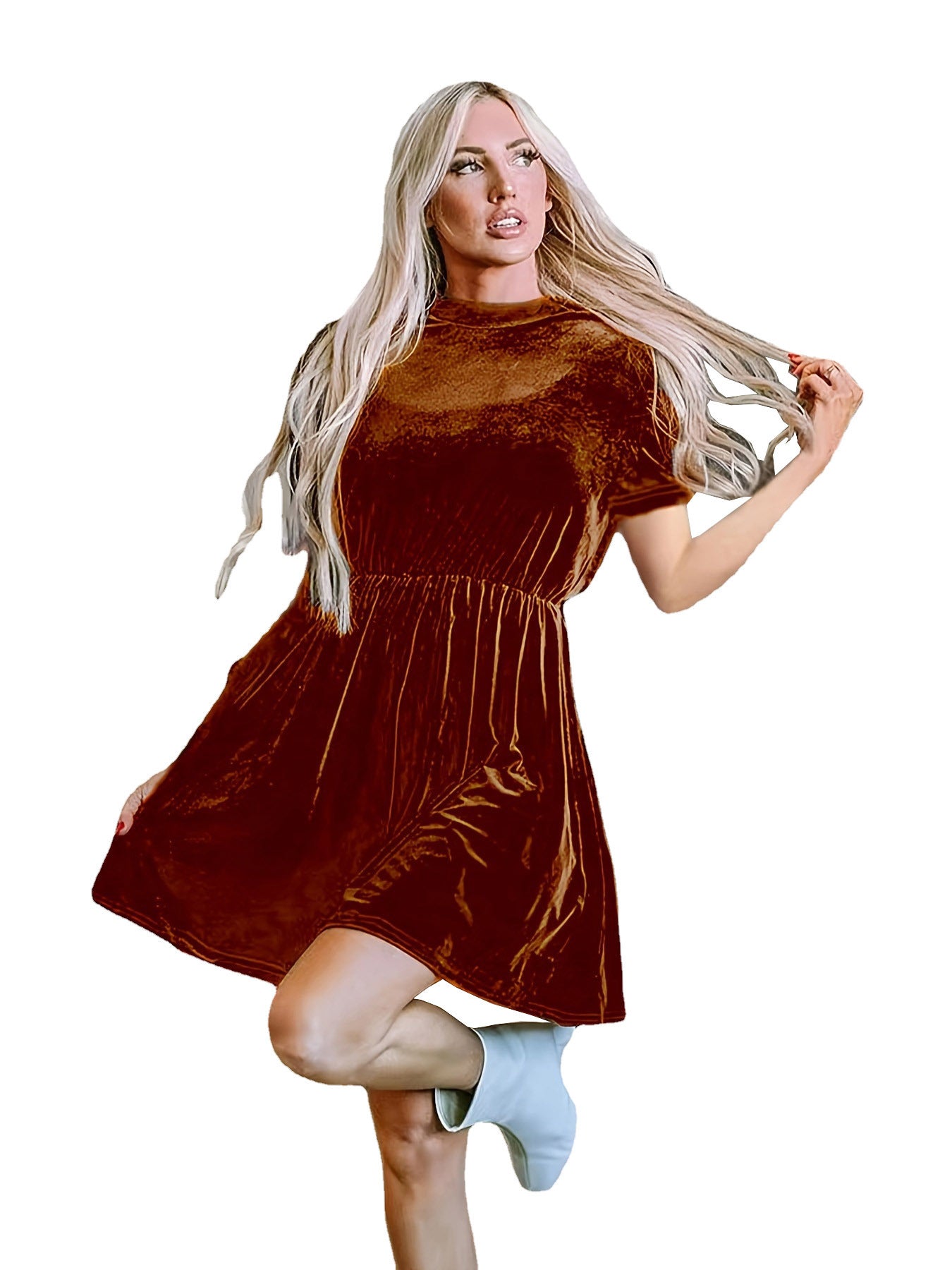 Robe en velours à manches courtes pour femmes avec une coupe cintrée et une jupe en A Chic und Stil