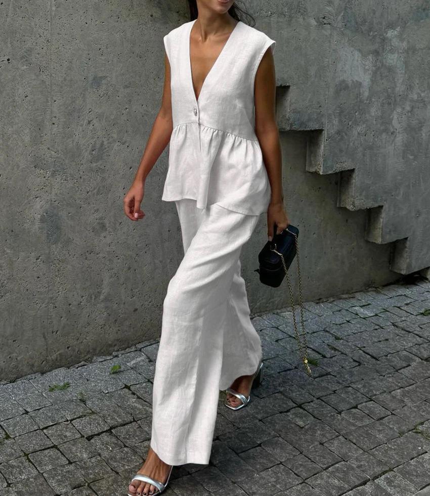 Dames Élégant Costume Pantalon en Lin Chic und Stil