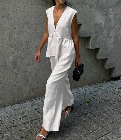 Dames Élégant Costume Pantalon en Lin Chic und Stil