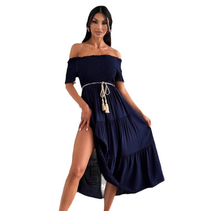 Robe maxi off-shoulder pour femmes avec haut froncé et jupe à volants Chic und Stil