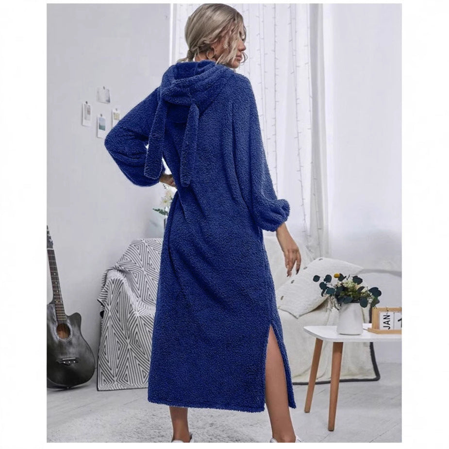 Femme Robe à capuche en polaire floue avec oreilles et fentes latérales Chic und Stil