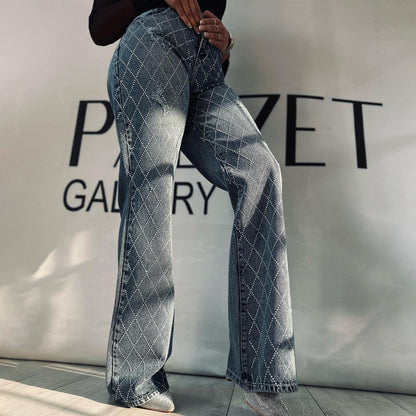 Dames élégantes jeans bootcut taille haute avec strass brillant Chic und Stil