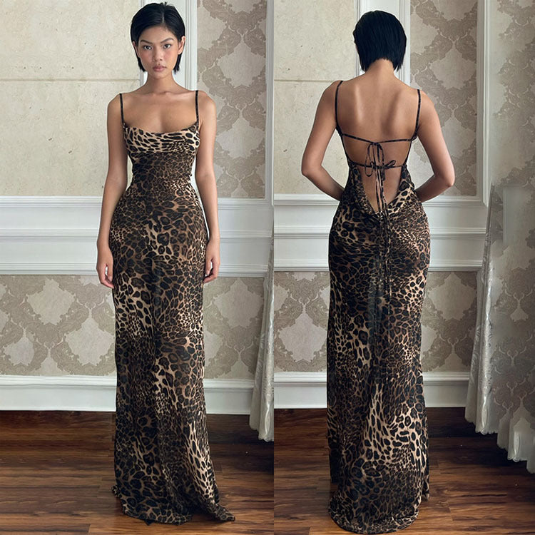Dames Élégant Robe Maxi Imprimé Léopard Dos Nu Chic und Stil