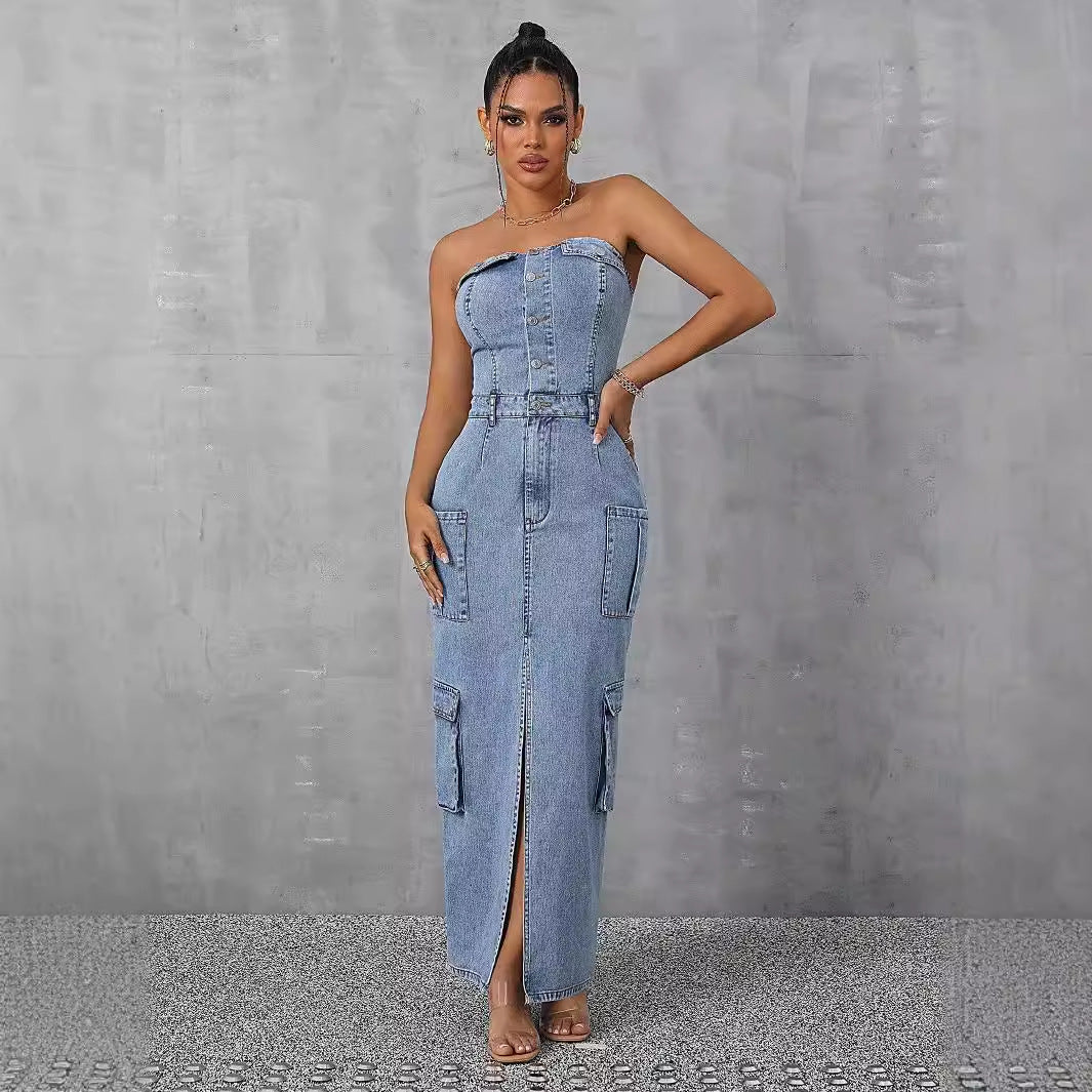 Robe maxi pour dames en look denim avec décolleté en V profond et poches pratiques Chic und Stil
