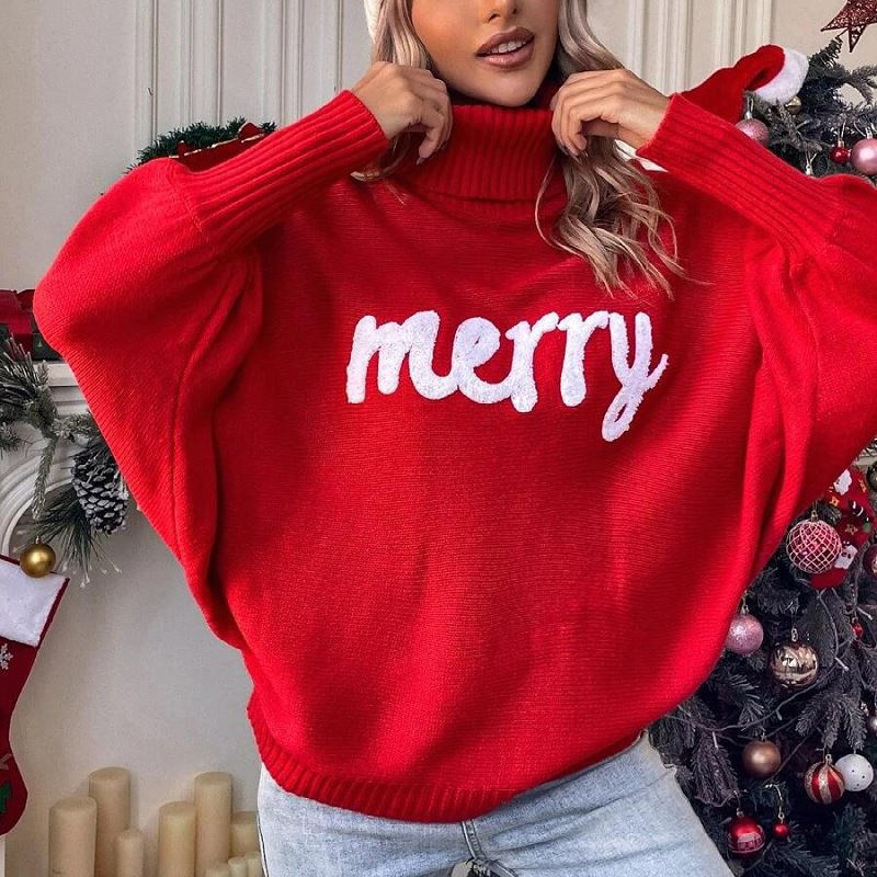 Pull à col roulé surdimensionné pour femmes avec inscription festive Chic und Stil