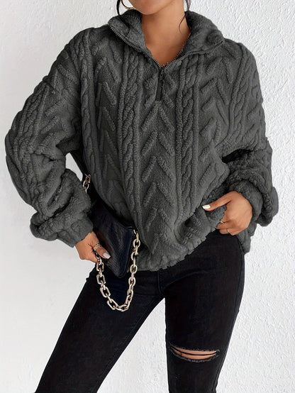 Dames Pull en molleton douillet avec col haut et détail zip Chic und Stil