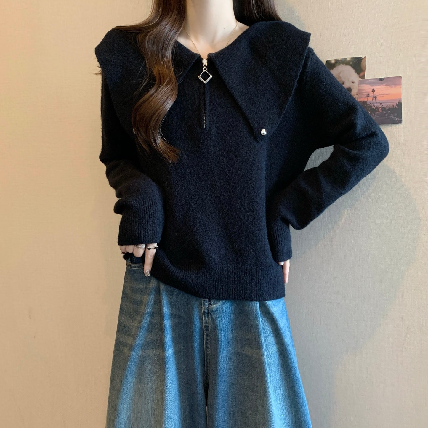 Dames pull tendance avec fermeture éclair originale et grand col Chic und Stil
