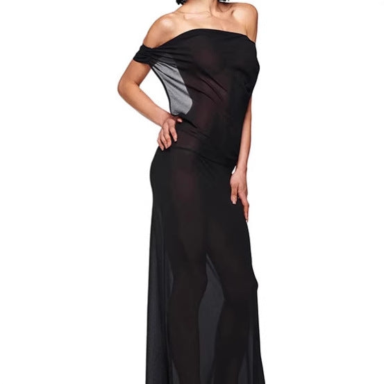Dames Élégante Robe Maxi avec Décolleté Asymétrique et Détail de Noeud Raffiné Chic und Stil