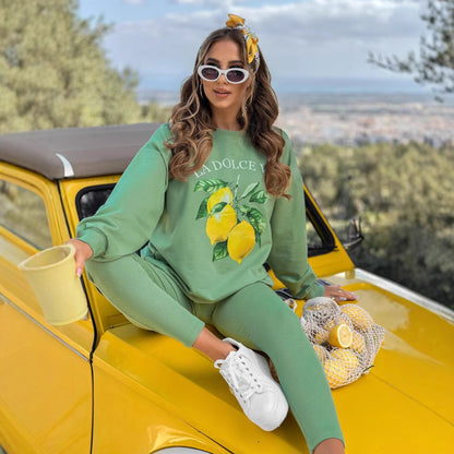 Dames ensemble décontracté avec imprimé fruité et matériau extensible Chic und Stil
