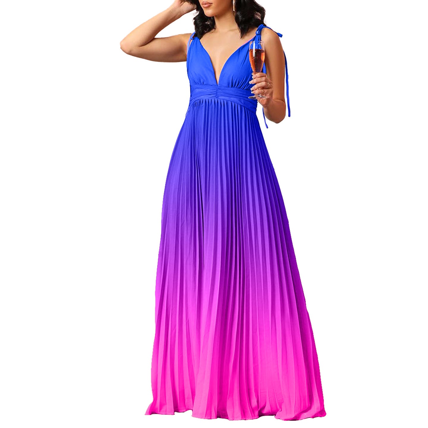 Robe maxi plissée pour femmes avec bretelles réglables et décolleté en V Chic und Stil