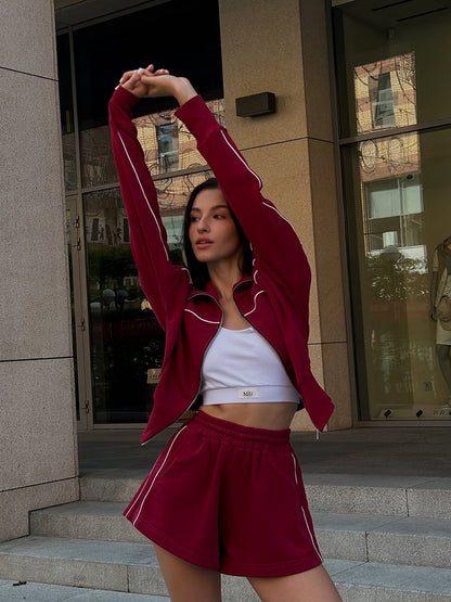 Short sports set for women with hoodie and elastic shorts Chic and Style