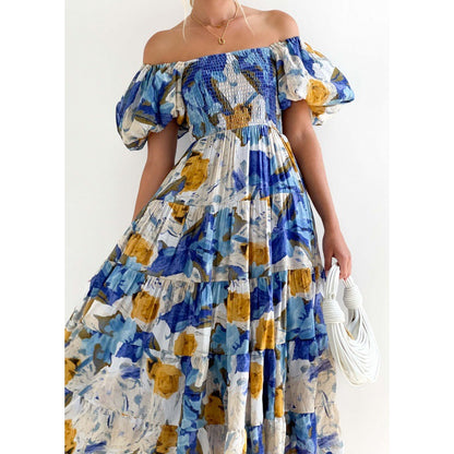 Robe maxi à volants sans épaules pour femmes avec motif floral Chic und Stil