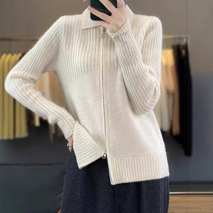 Cardigan tricot confortable pour femmes avec fermeture éclair et patron côtelé fin Chic und Stil