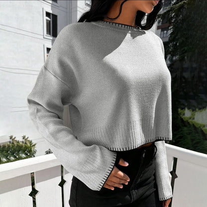 Femme pull court décontracté avec une fine structure en côtes et une taille élastique Chic und Stil