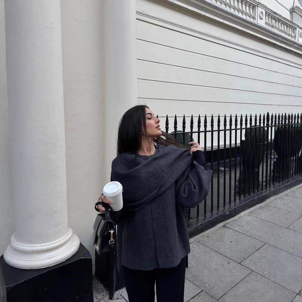 Ladies asymmetrical wrap jacket with large collar Chic and Style