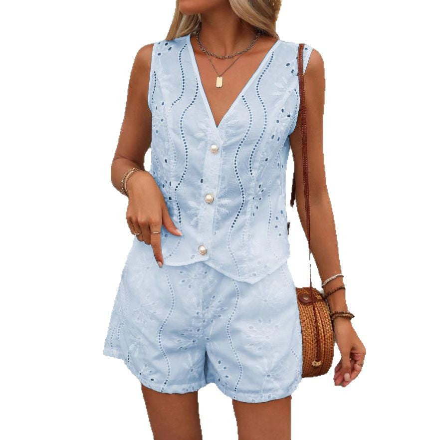 Embroidered eyelet blouse and shorts set for women Chic and Style