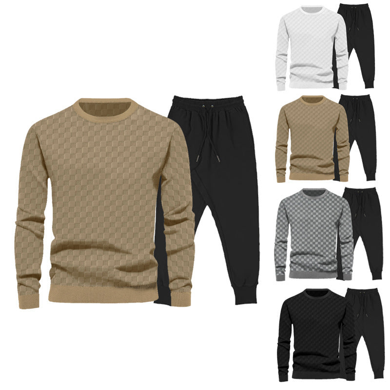 Complete sporty outfit for men with textured sweatshirt and chic jogging pants.